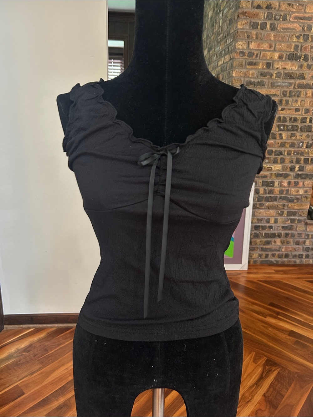 Brandy Melville, Black Ruffled Tie-Front Sleeveless Top, NWT